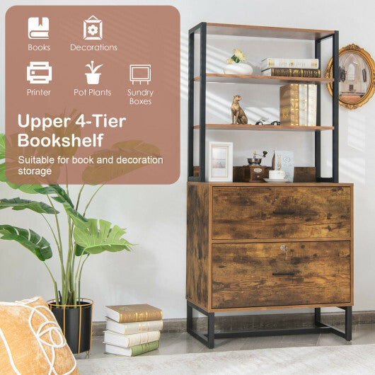 Letter Size Lateral File Cabinet with Lock and Bookshelf-Rustic Brown - Color: Rustic Brown W2B