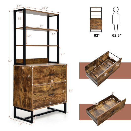 Letter Size Lateral File Cabinet with Lock and Bookshelf-Rustic Brown - Color: Rustic Brown W2B