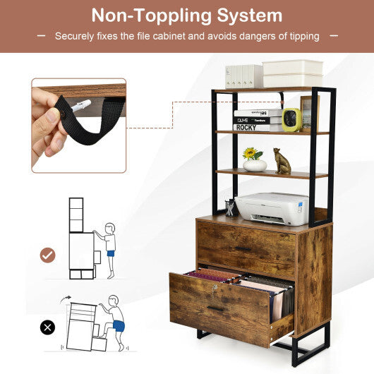 Letter Size Lateral File Cabinet with Lock and Bookshelf-Rustic Brown - Color: Rustic Brown W2B