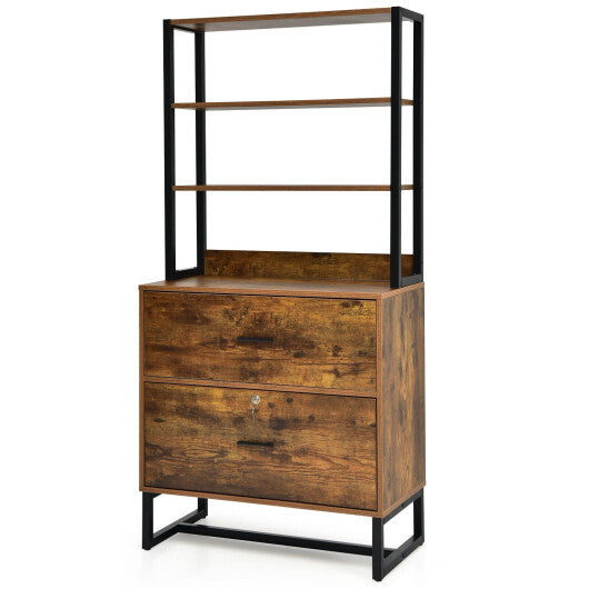 Letter Size Lateral File Cabinet with Lock and Bookshelf-Rustic Brown W2B