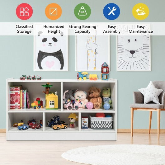 Kids 2-Shelf Bookcase 5-Cube Wood Toy Storage Cabinet Organizer-White