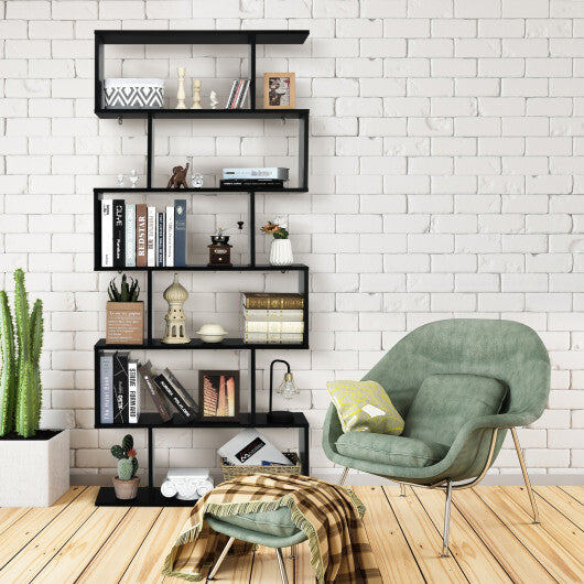 6 Tier S-Shaped Bookshelf Storage Display Bookcase Decor Z-Shelf -Black W2B