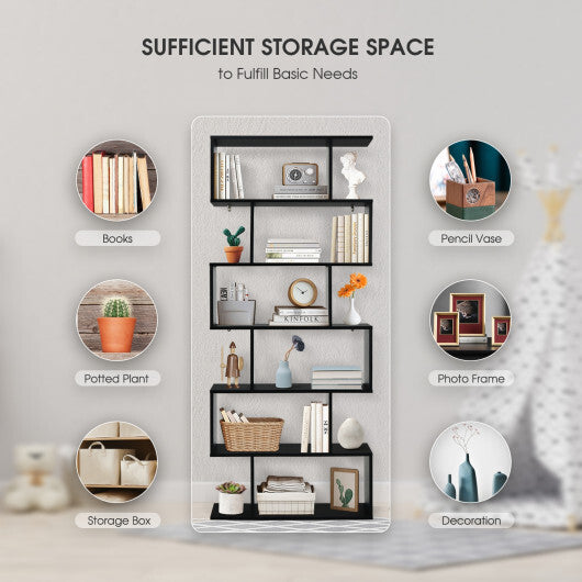 6 Tier S-Shaped Bookshelf Storage Display Bookcase Decor Z-Shelf -Black W2B