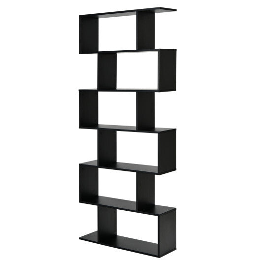6 Tier S-Shaped Bookshelf Storage Display Bookcase Decor Z-Shelf -Black W2B