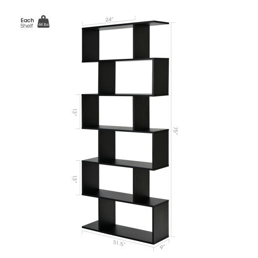 6 Tier S-Shaped Bookshelf Storage Display Bookcase Decor Z-Shelf -Black W2B