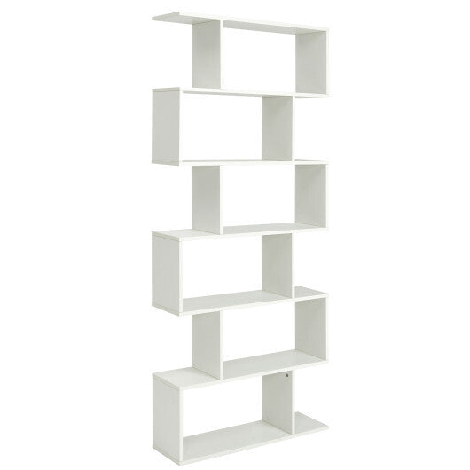 6 Tier S-Shaped Bookshelf Storage Display Bookcase Decor Z-Shelf -Black W2B