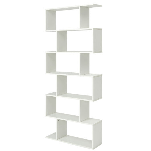 6 Tier S-Shaped Bookshelf Storage Display Bookcase Decor Z-Shelf -Black W2B