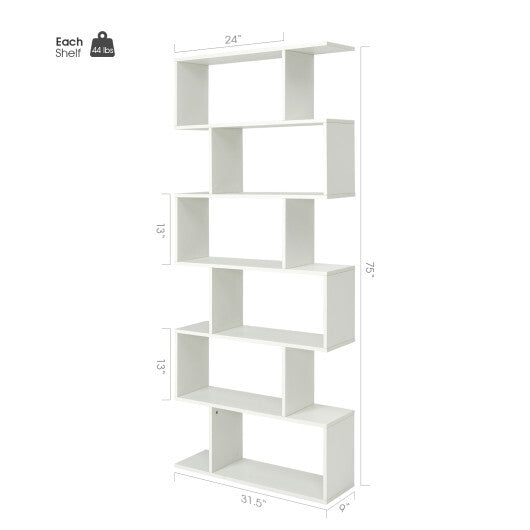 6 Tier S-Shaped Bookshelf Storage Display Bookcase Decor Z-Shelf -Black W2B