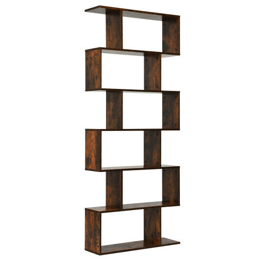 6 Tier S-Shaped Bookshelf Storage Display Bookcase Decor Z-Shelf -Black W2B