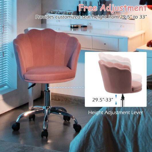 Adjustable Vanity Velvet Chair with Seashell Back and Wheels-Pink