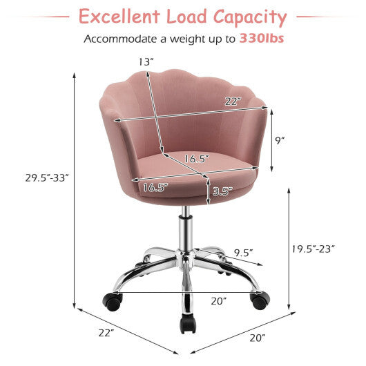 Adjustable Vanity Velvet Chair with Seashell Back and Wheels-Pink