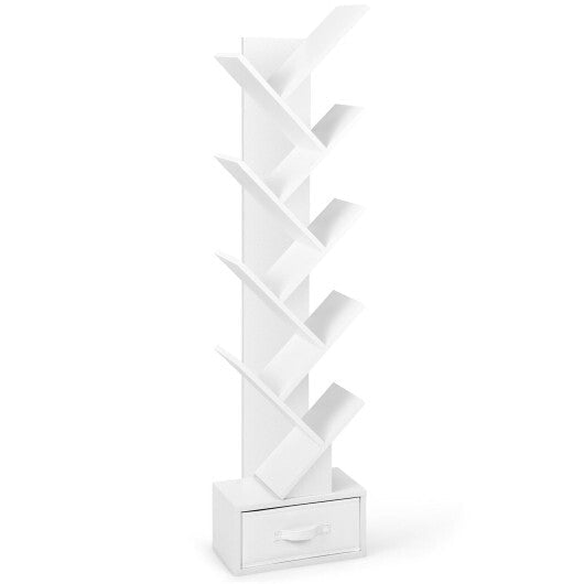 10-Tier Bookshelf with Drawer Free-standing Storage Bookcase-White - Color: White W2B