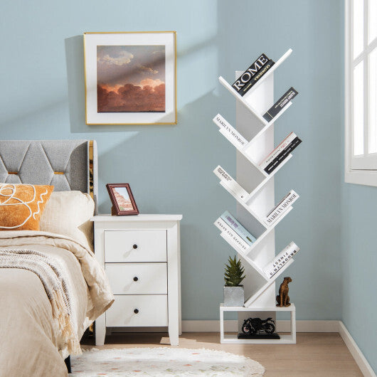 10-Tier Bookshelf with Drawer Free-standing Storage Bookcase-White - Color: White W2B