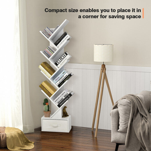10-Tier Bookshelf with Drawer Free-standing Storage Bookcase-White - Color: White W2B