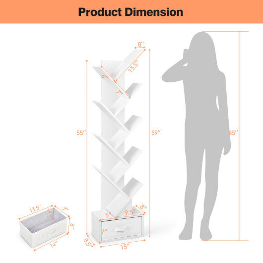 10-Tier Bookshelf with Drawer Free-standing Storage Bookcase-White - Color: White W2B