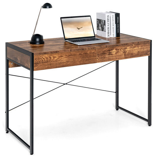 2-Drawer Home Office Desk with Steel Frame-Brown W2B
