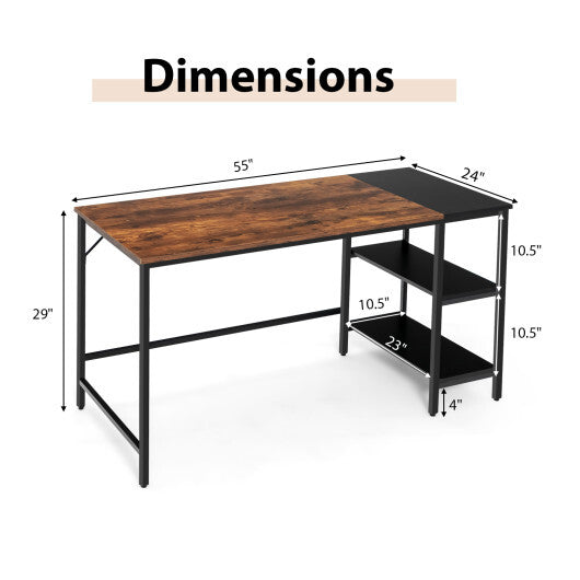 55 Inch Modern Industrial Style Study Writing Desk with 2 Storage Shelves-Brown W2B