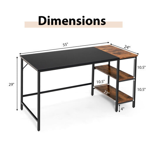 55 Inch Modern Industrial Style Study Writing Desk with 2 Storage Shelves-Brown W2B