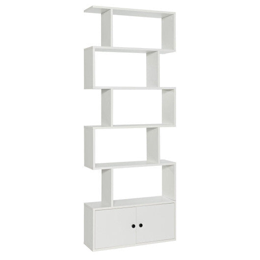 6-Tier S-Shaped Freestanding Bookshelf with Cabinet and Doors-White W2B