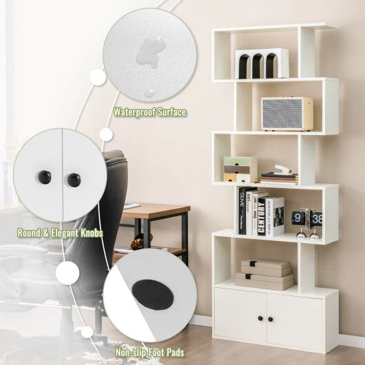 6-Tier S-Shaped Freestanding Bookshelf with Cabinet and Doors-White W2B