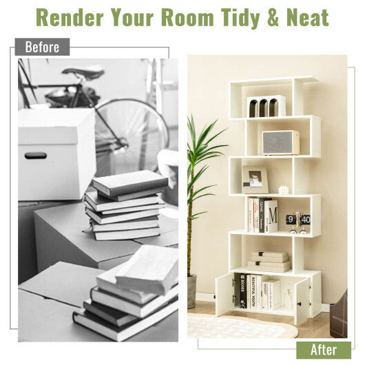 6-Tier S-Shaped Freestanding Bookshelf with Cabinet and Doors-White W2B