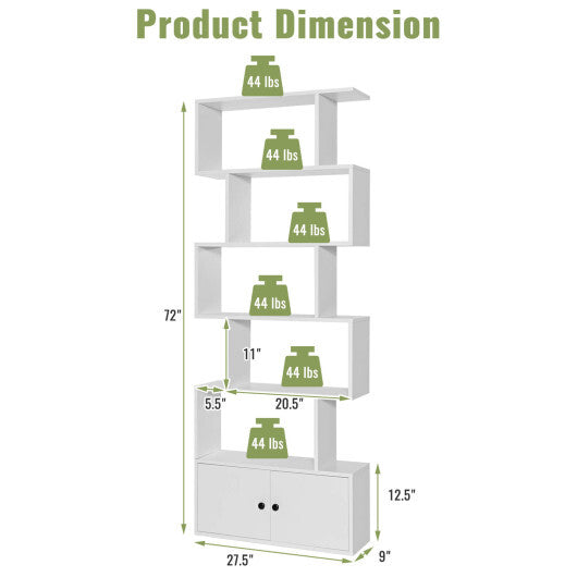 6-Tier S-Shaped Freestanding Bookshelf with Cabinet and Doors-White W2B