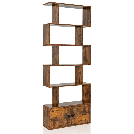 6-Tier S-Shaped Freestanding Bookshelf with Cabinet and Doors-White W2B