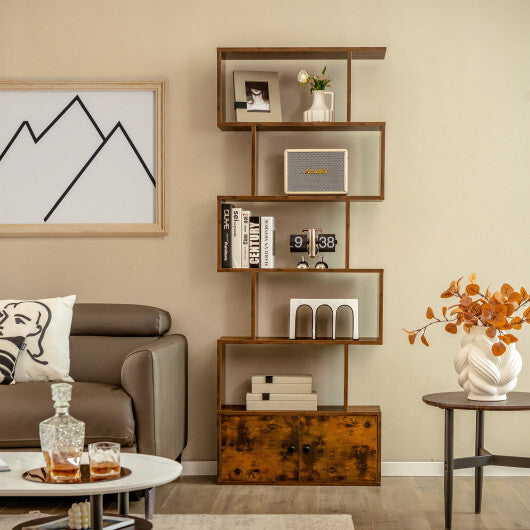 6-Tier S-Shaped Freestanding Bookshelf with Cabinet and Doors-White W2B