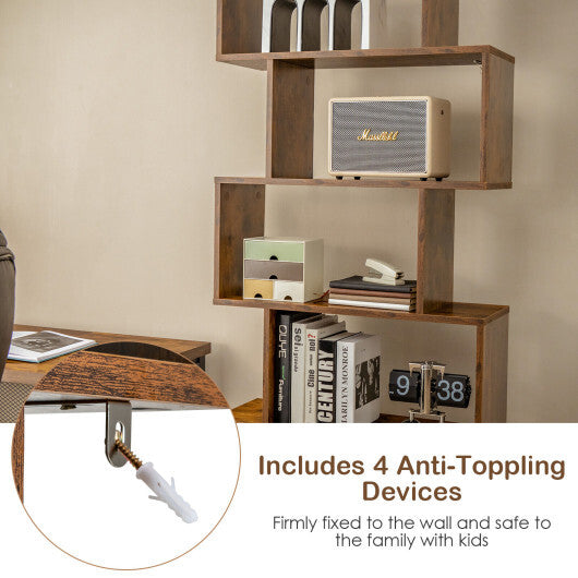 6-Tier S-Shaped Freestanding Bookshelf with Cabinet and Doors-White W2B