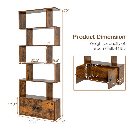 6-Tier S-Shaped Freestanding Bookshelf with Cabinet and Doors-White W2B