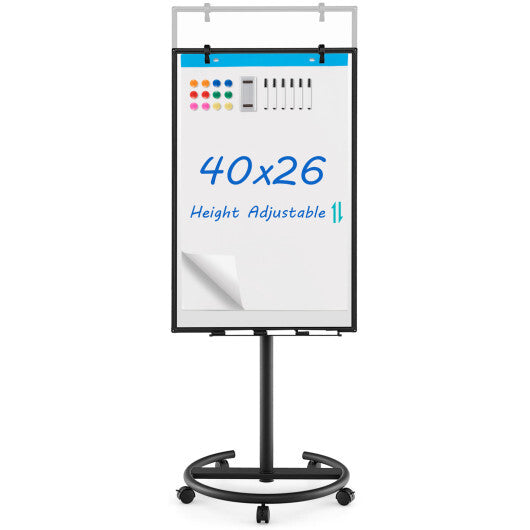 Height-Adjustable Mobile Whiteboard with Round Stand Paper Clips-Black W2B