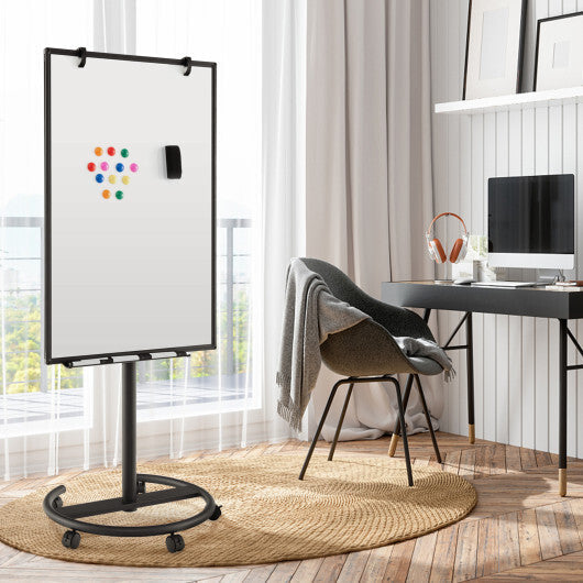 Height-Adjustable Mobile Whiteboard with Round Stand Paper Clips-Black W2B