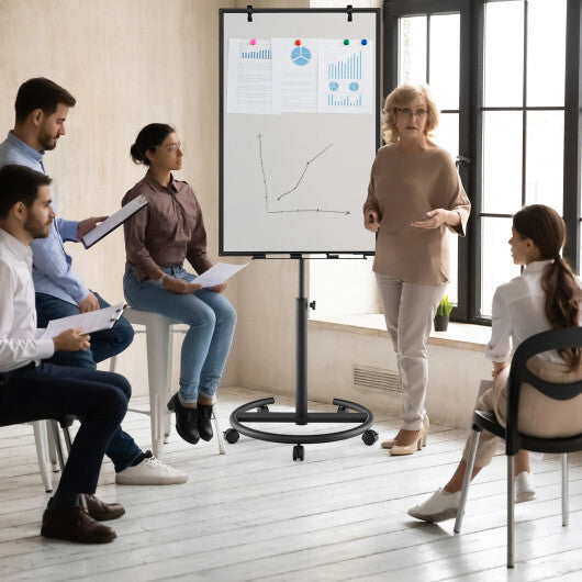 Height-Adjustable Mobile Whiteboard with Round Stand Paper Clips-Black W2B