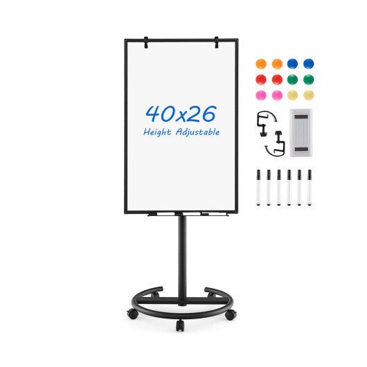 Height-Adjustable Mobile Whiteboard with Round Stand Paper Clips-Black W2B
