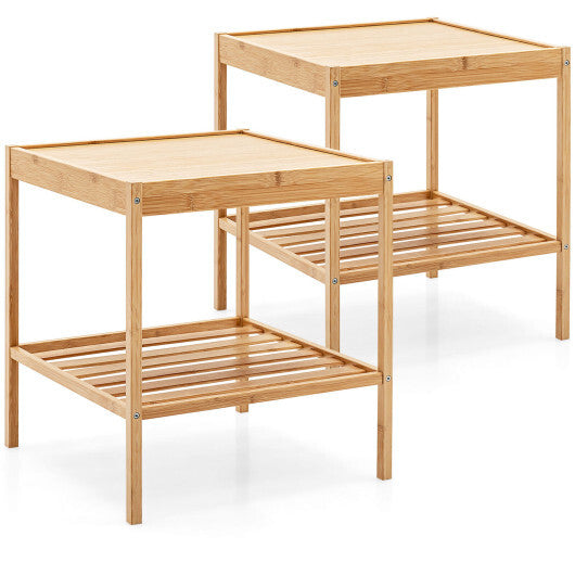 2 Pieces 2 Tiers Bamboo Nightstand for Living Room Bedroom-Natural W2B