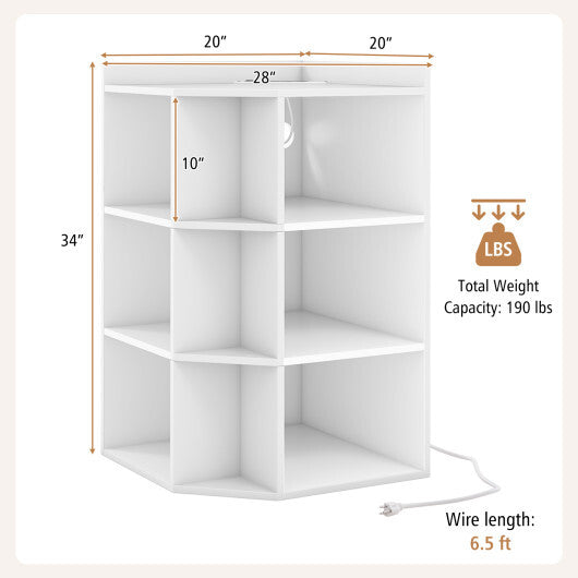 3-Tier Corner Cabinet with Charging Station for Bedroom-Natural W2B