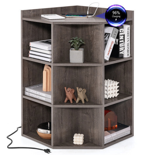 3-Tier Corner Cabinet with Charging Station for Bedroom-Natural W2B