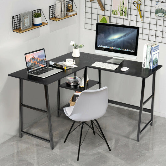 L Shaped Corner Computer Desk with Storage Shelves-Brown