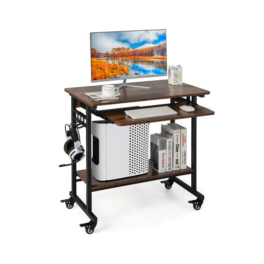 Rolling Laptop Table with Pull-out Keyboard Tray and Hooks-Rustic Brown W2B