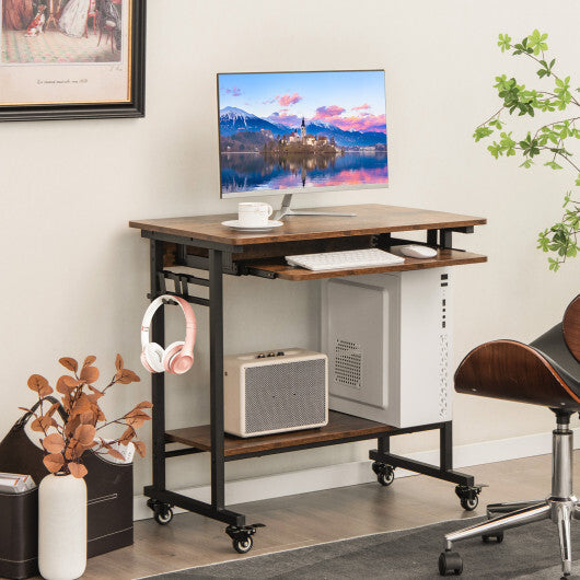 Rolling Laptop Table with Pull-out Keyboard Tray and Hooks-Rustic Brown W2B
