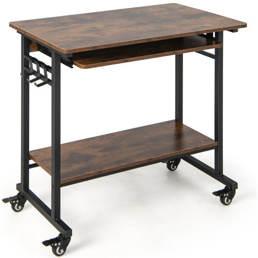Rolling Laptop Table with Pull-out Keyboard Tray and Hooks-Rustic Brown W2B