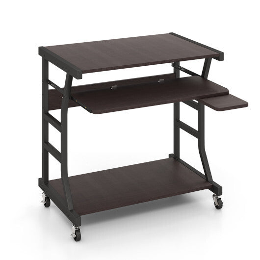 Mobile Computer Desk with Keyboard Tray Mouse Tray and Shelf-Dark Brown W2B