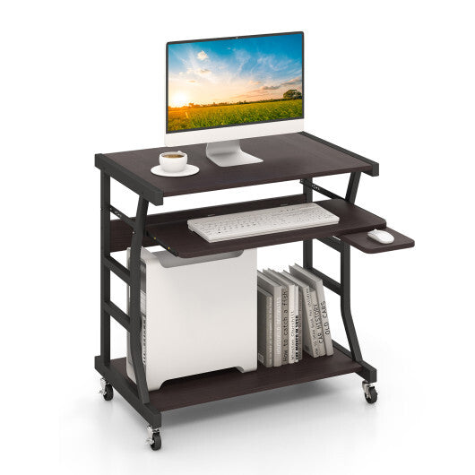 Mobile Computer Desk with Keyboard Tray Mouse Tray and Shelf-Dark Brown W2B