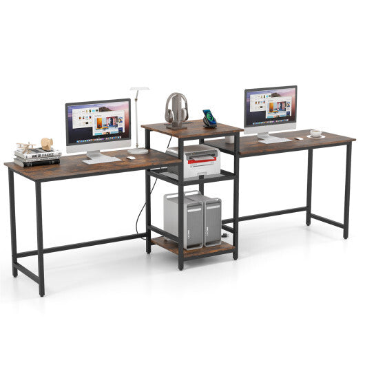 2-Person Computer Desk with Power Outlet and Printer Stand-Rustic Brown W2B
