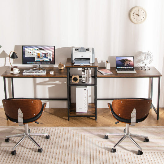 2-Person Computer Desk with Power Outlet and Printer Stand-Rustic Brown W2B