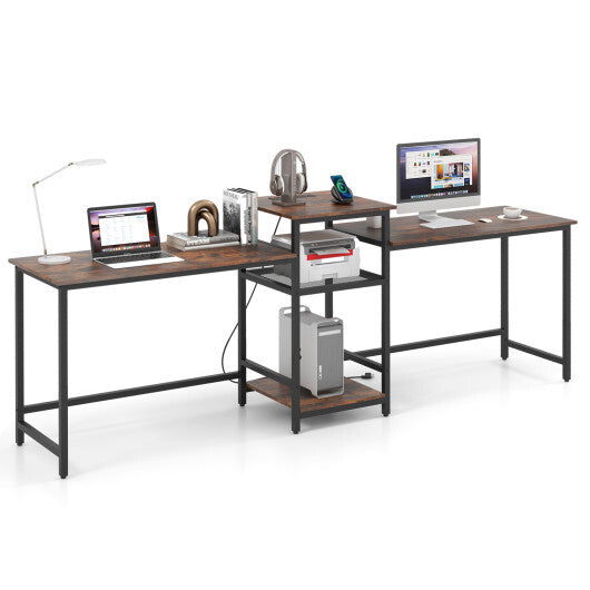 2-Person Computer Desk with Power Outlet and Printer Stand-Rustic Brown W2B