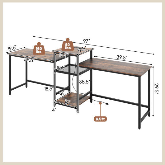 2-Person Computer Desk with Power Outlet and Printer Stand-Rustic Brown W2B