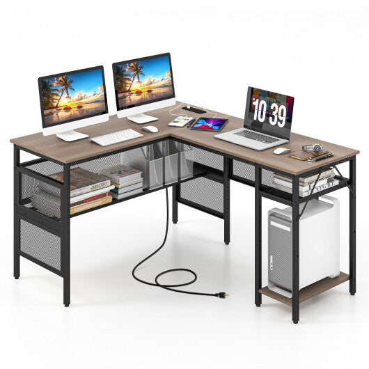 L-Shaped Computer Desk with Charging Station and Adjustable Shelf-Gray W2B