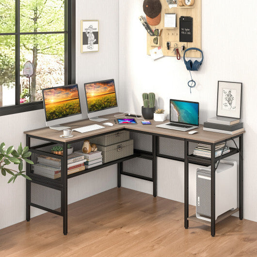 L-Shaped Computer Desk with Charging Station and Adjustable Shelf-Gray W2B
