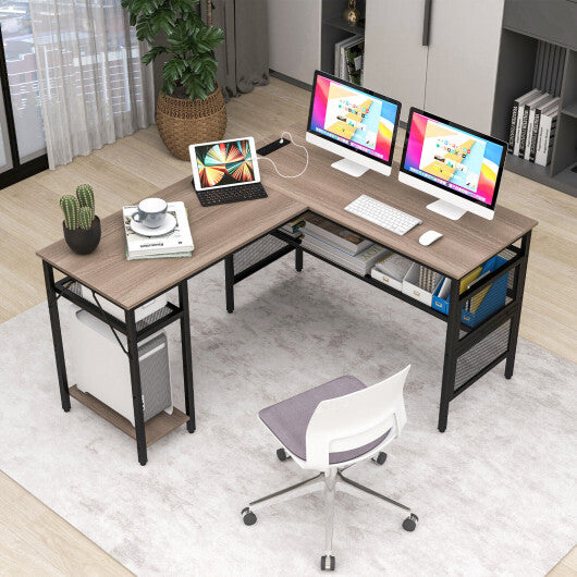 L-Shaped Computer Desk with Charging Station and Adjustable Shelf-Gray W2B